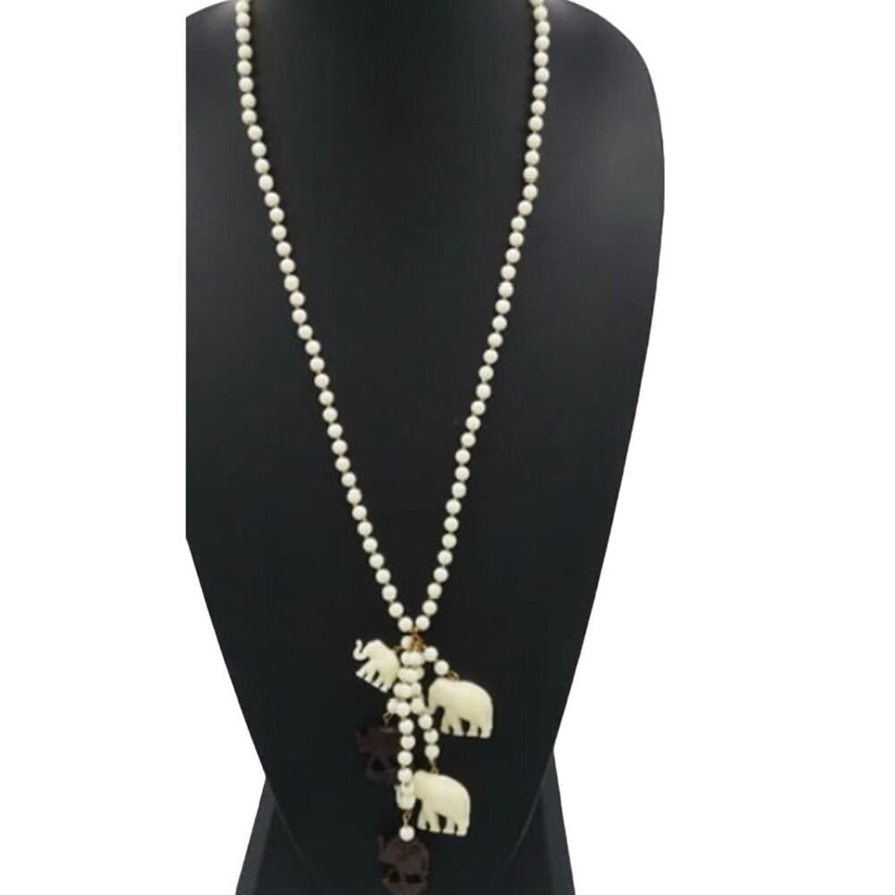 Miriam Haskell Lucky Elephant Celluloid and Wood Tassel Beaded Necklace